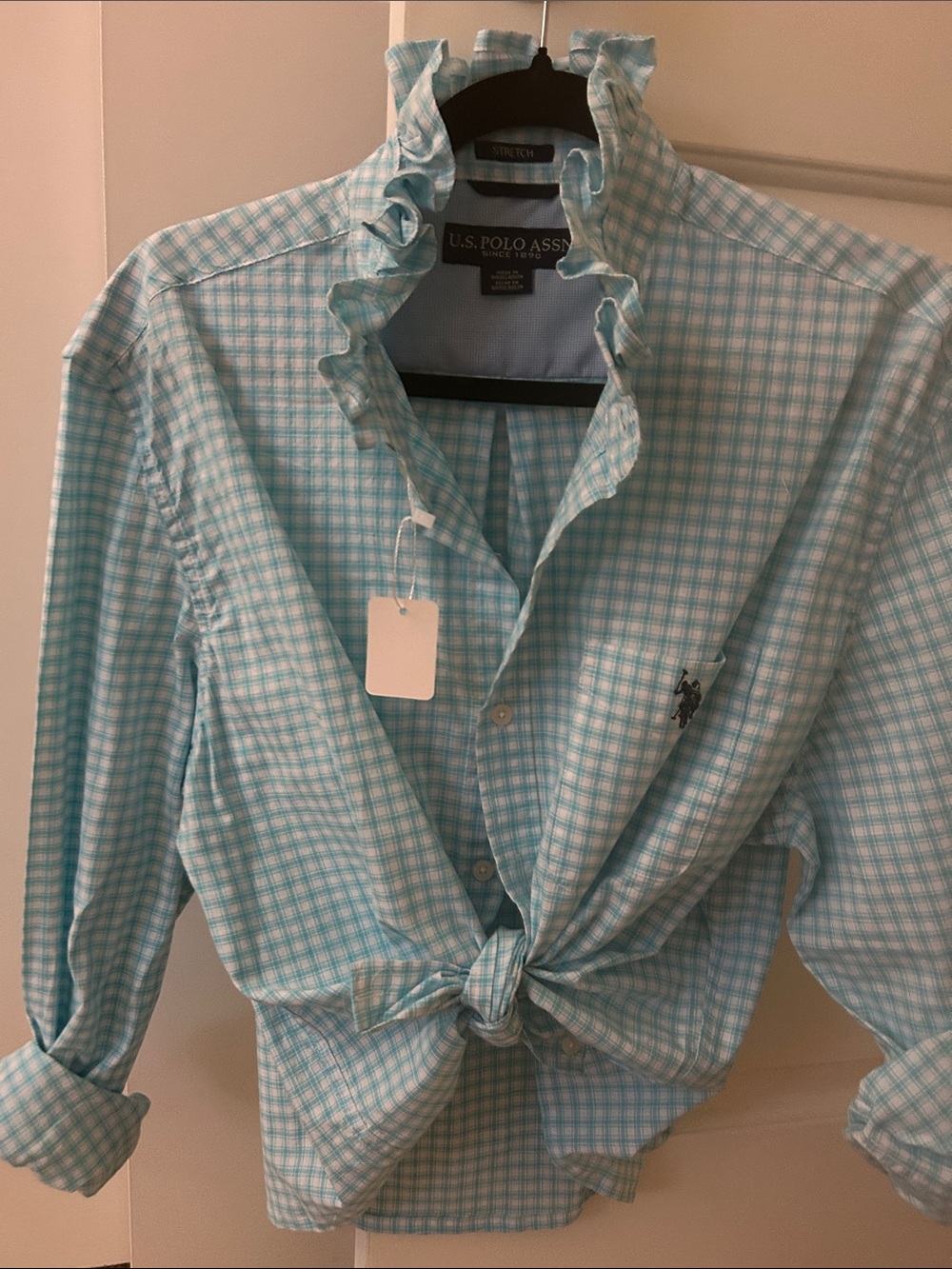 U.S. Polo Assn. Light Blue Plaid Button-Down Shirt recreated for a woman.
